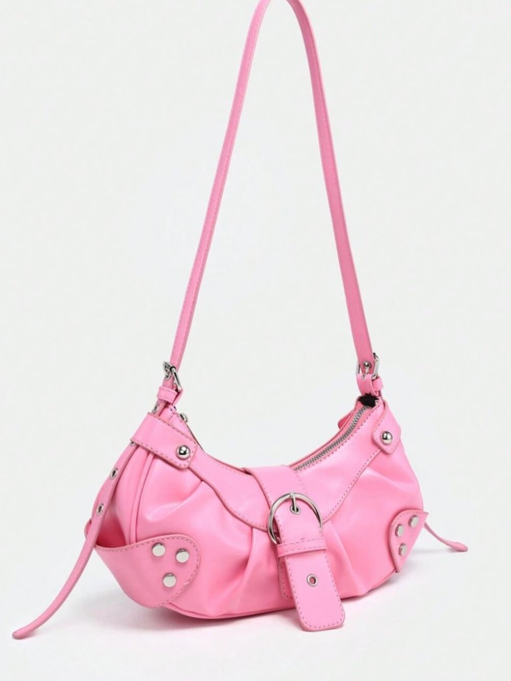 Pink Studded Baguette Bag Y2K Punk Vegan Leather Zip Shoulder Purse - Picture 1 of 6